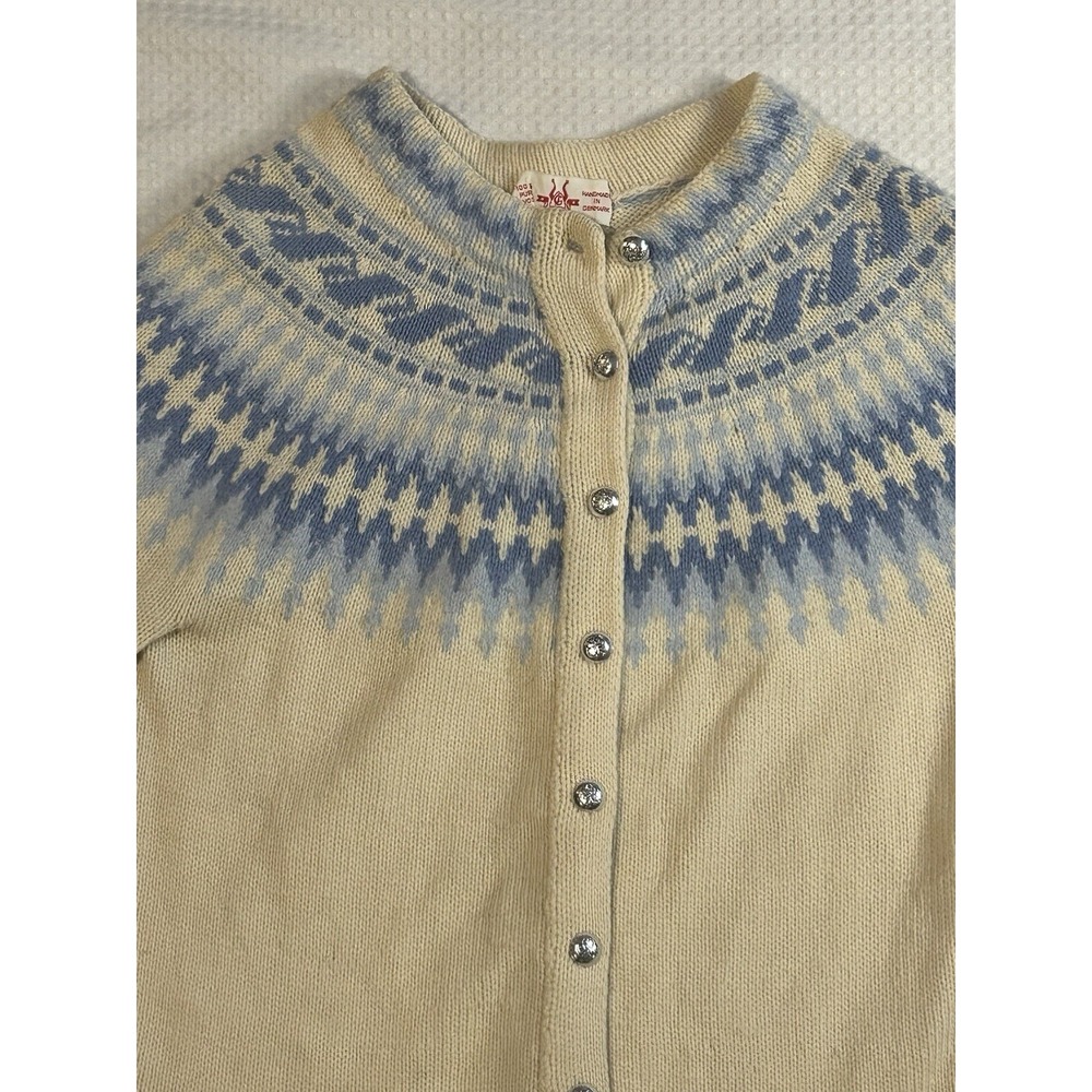 Handmade in Denmark‎ Wool XS (32" Chest) Fair Isle Cardigan Cream Blue Vintage - Picture 7 of 16
